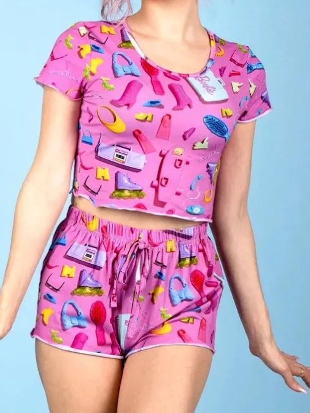 BarbiexCakeworthy Pink Printed Cropped Lounge Set